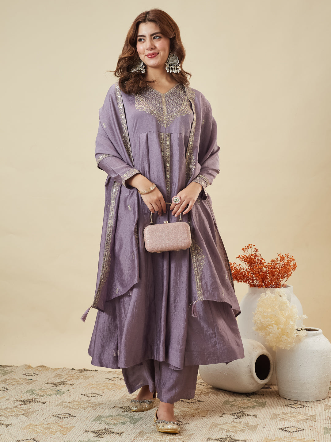 Lavender Silk Embroidered Anarkali Kurta With Dupatta Set for Women