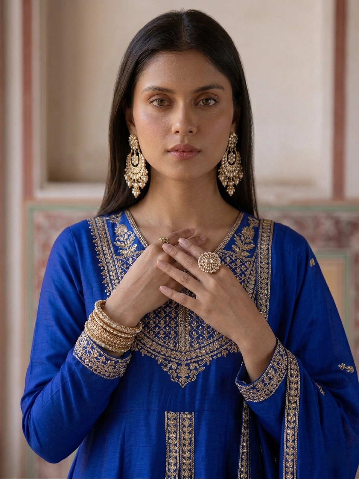 Royal Blue Silk Embroidered Anarkali Kurta Set with Dupatta for Women
