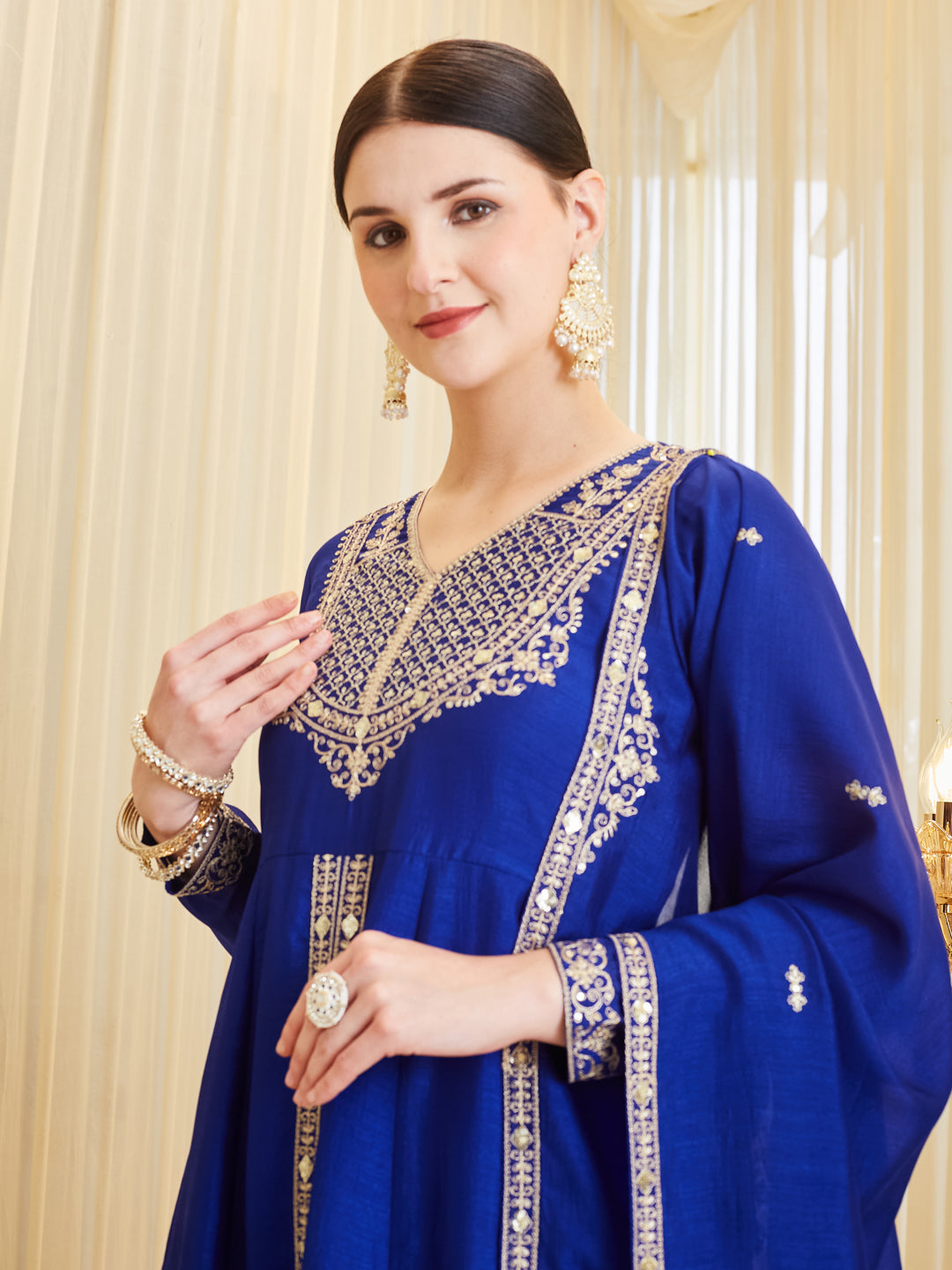 Royal Blue Silk Embroidered Anarkali Kurta Set with Dupatta for Women
