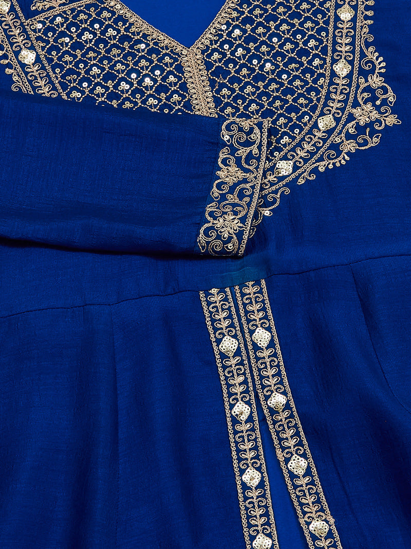 Royal Blue Silk Embroidered Anarkali Kurta Set with Dupatta for Women