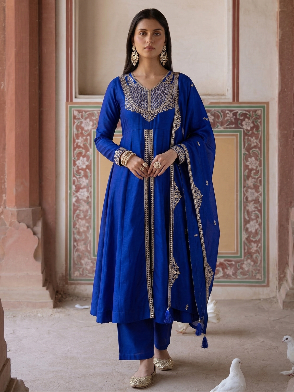 Royal Blue Silk Embroidered Anarkali Kurta Set with Dupatta for Women