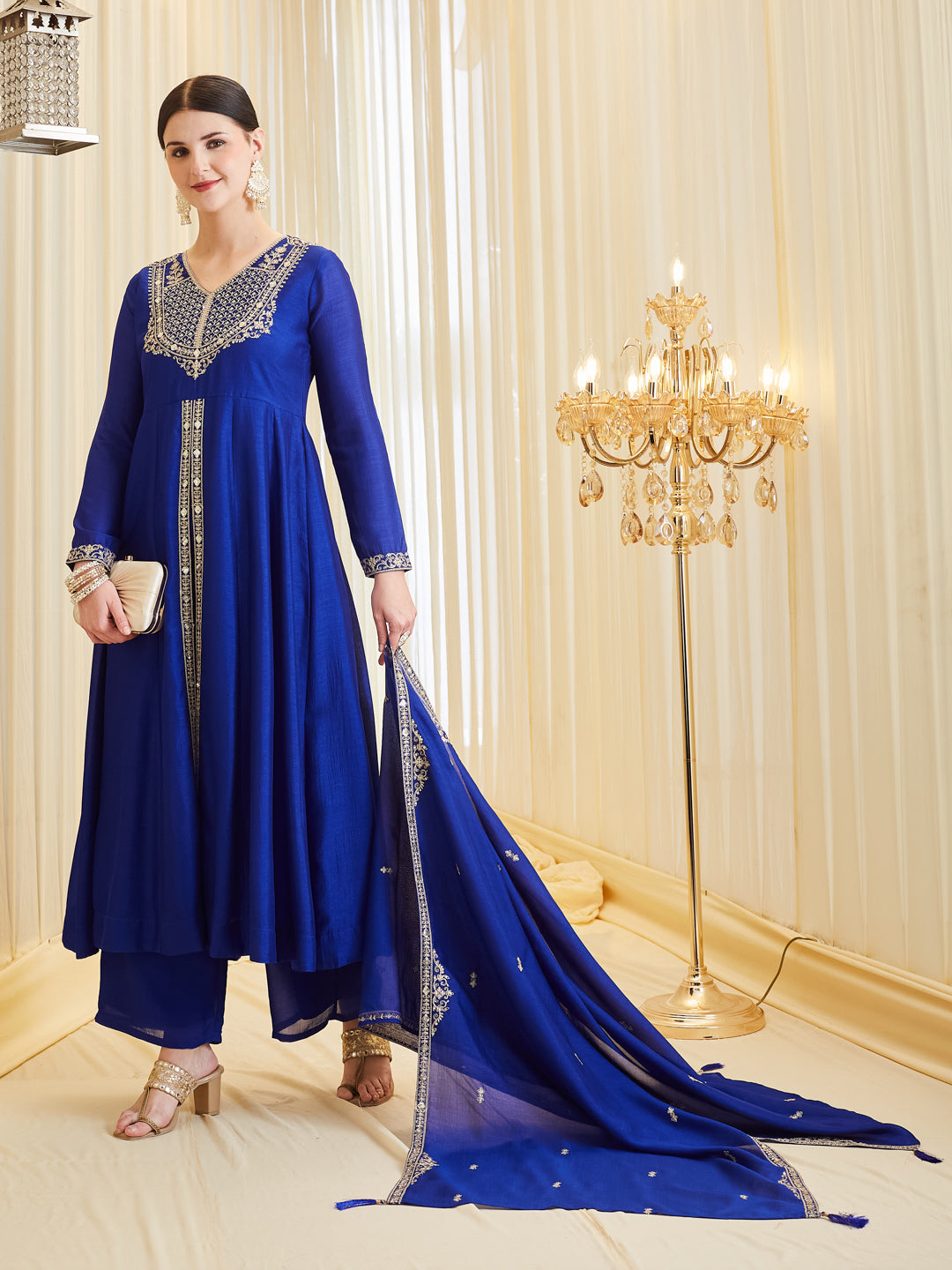 Royal Blue Silk Embroidered Anarkali Kurta Set with Dupatta for Women