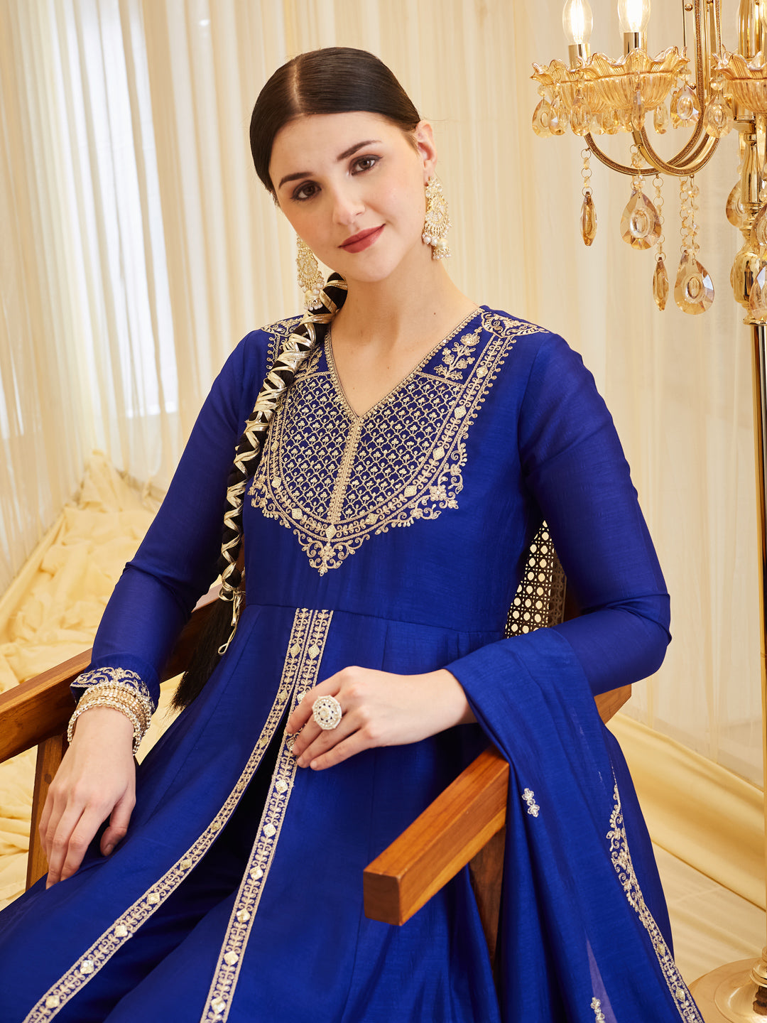 Royal Blue Silk Embroidered Anarkali Kurta Set with Dupatta for Women