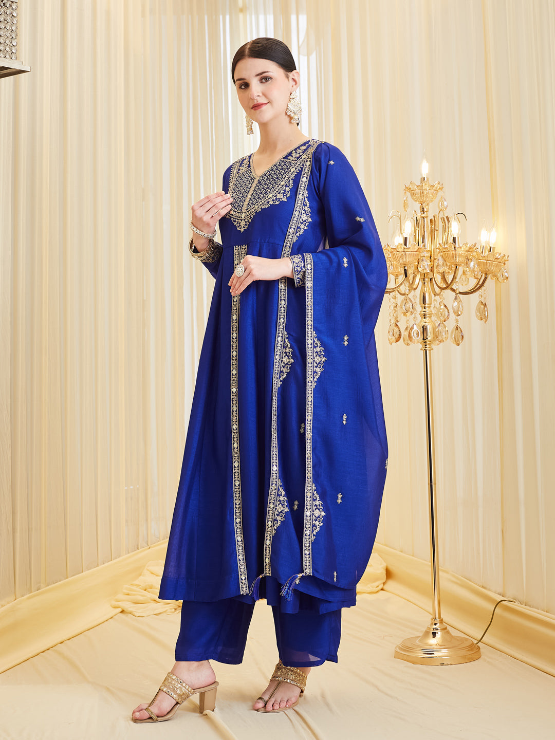 Royal Blue Silk Embroidered Anarkali Kurta Set with Dupatta for Women