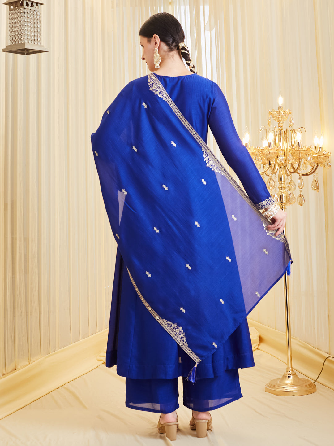 Royal Blue Silk Embroidered Anarkali Kurta Set with Dupatta for Women