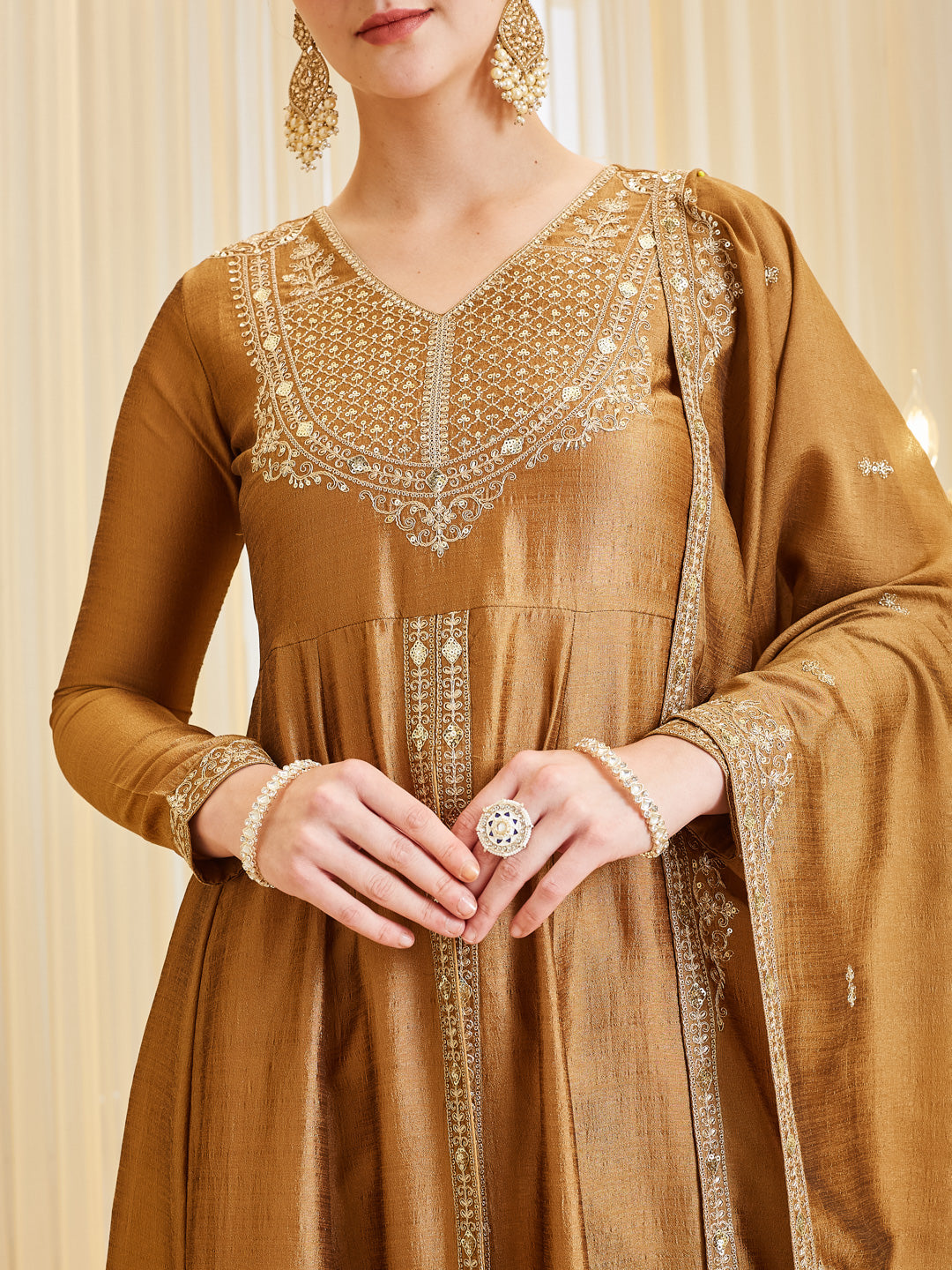 Golden Silk Embroidered Anarkali Suit Set with Dupatta