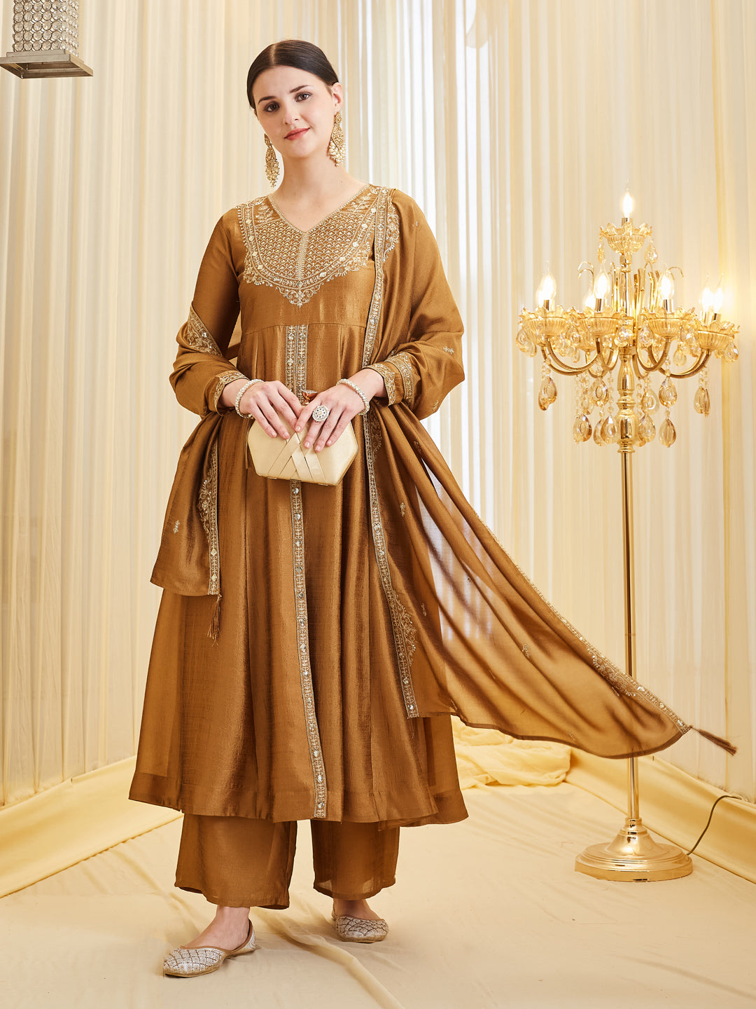 Golden Silk Embroidered Anarkali Suit Set with Dupatta