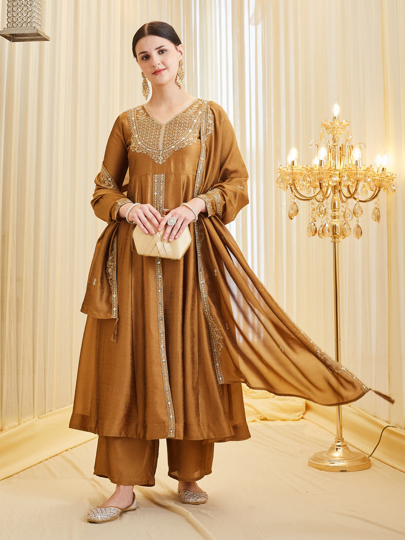 Golden Silk Embroidered Anarkali Suit Set with Dupatta