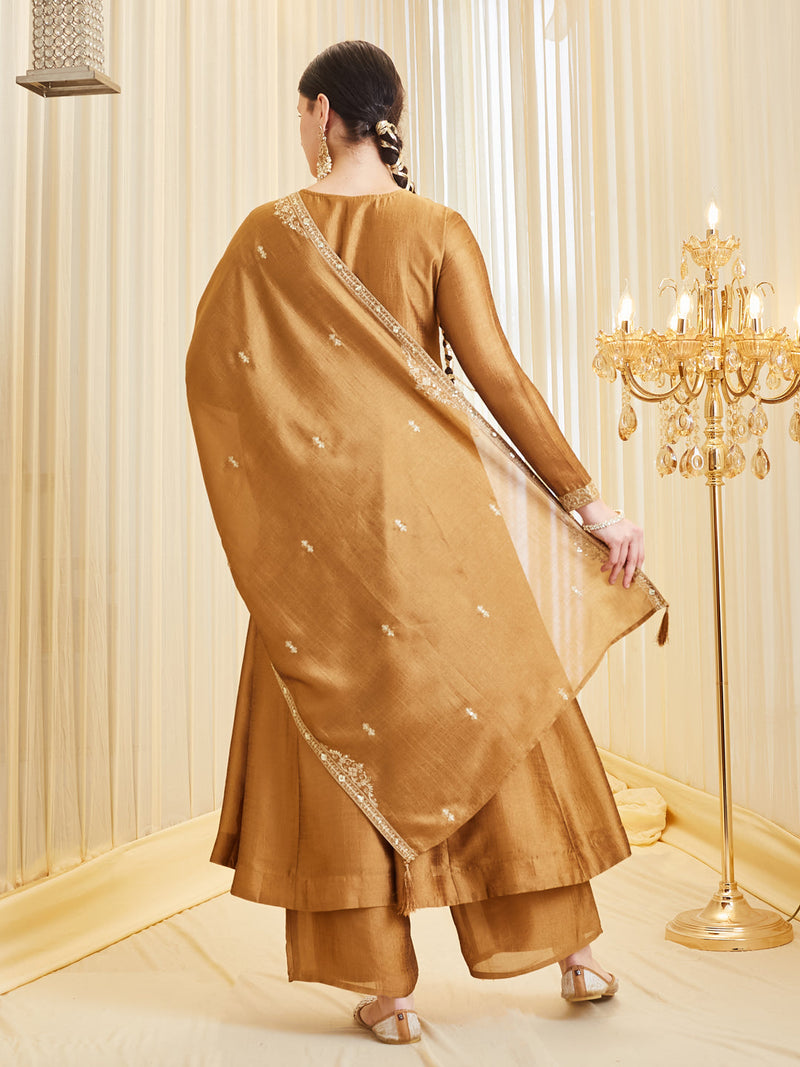 Golden Silk Embroidered Anarkali Suit Set with Dupatta