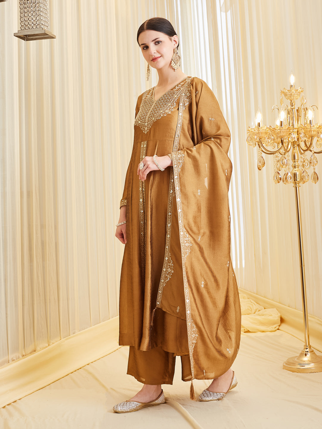 Golden Silk Embroidered Anarkali Suit Set with Dupatta