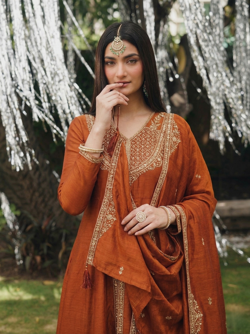 Orange Silk Premium Anarkali Set with Dupatta for Women