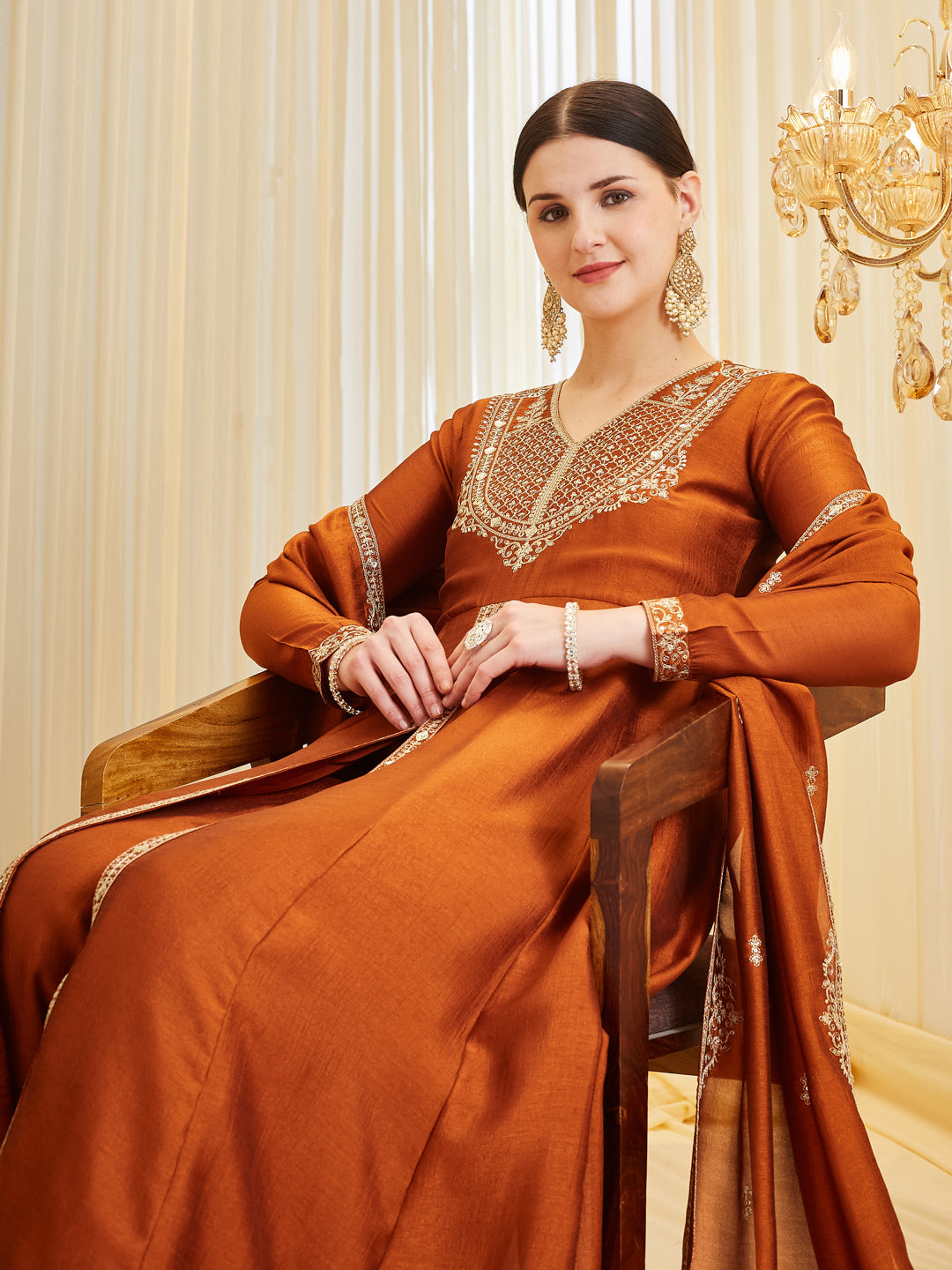Orange Silk Premium Anarkali Set with Dupatta for Women