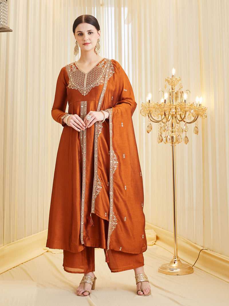 Orange Silk Premium Anarkali Set with Dupatta for Women