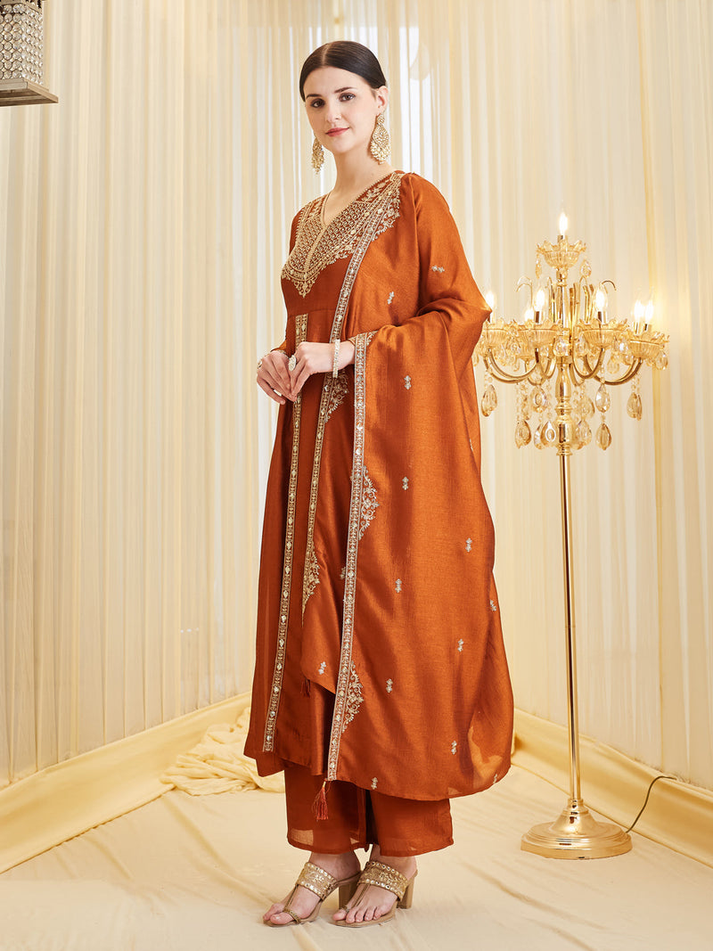 Orange Silk Premium Anarkali Set with Dupatta for Women