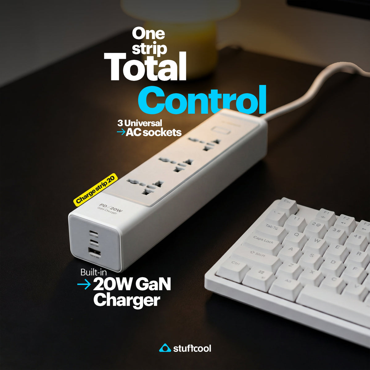 Chargestrip 3 universal AC sockets and a built-in 20W GaN charger.