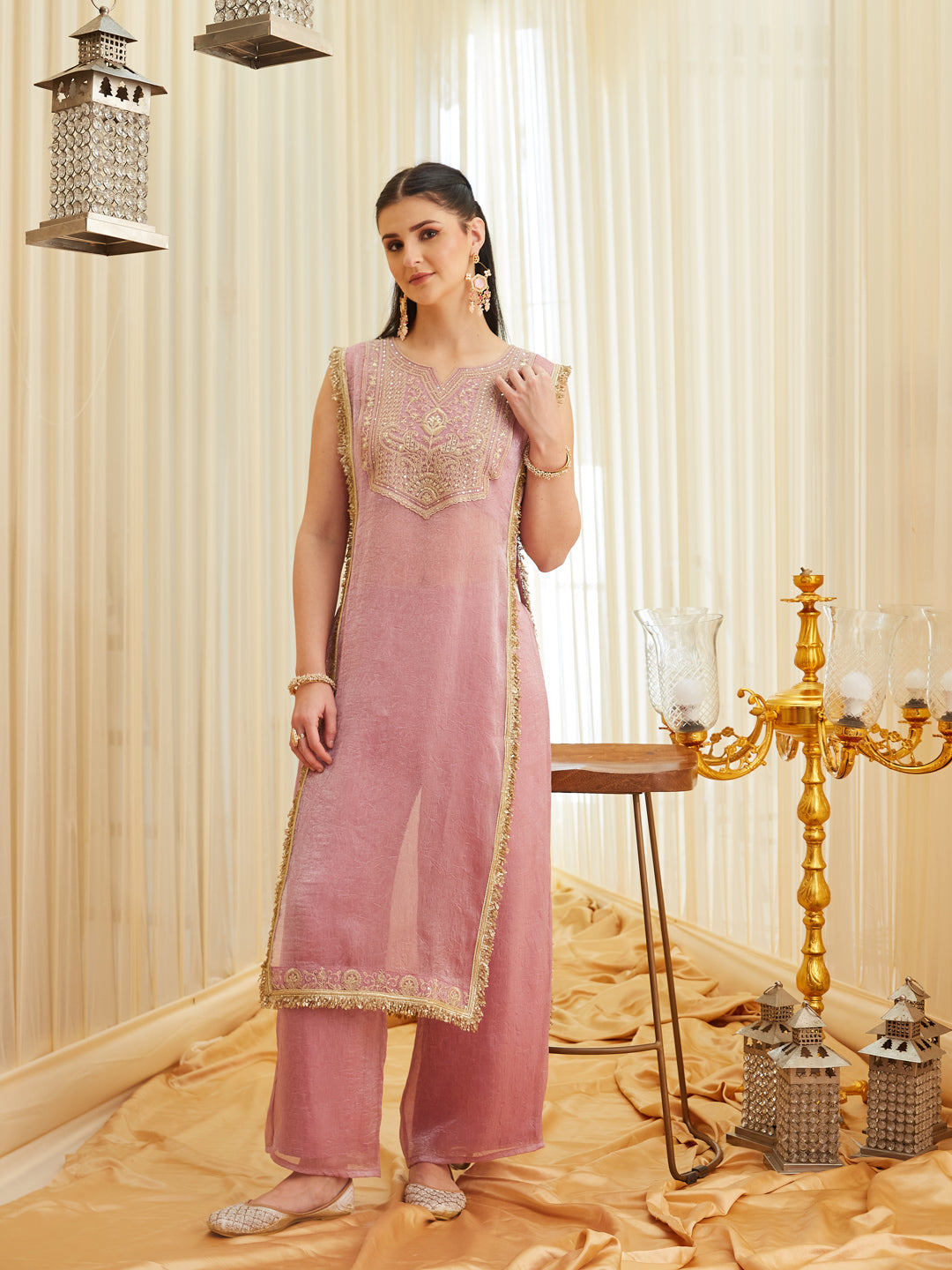 Pink Embroidered Sheer Silk Kurta Set