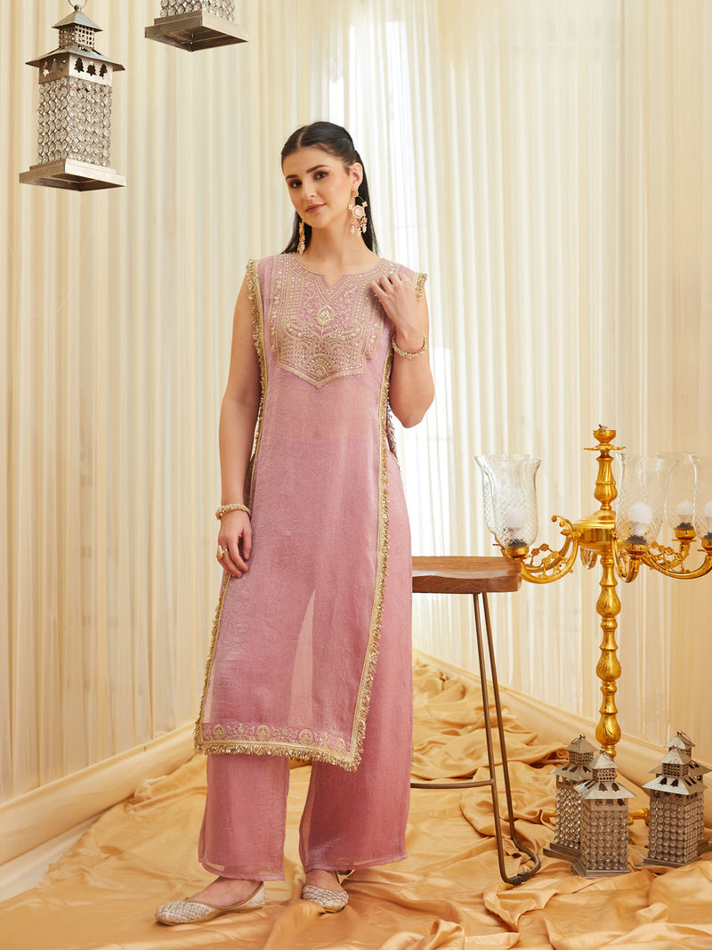 Pink Embroidered Sheer Silk Kurta Set