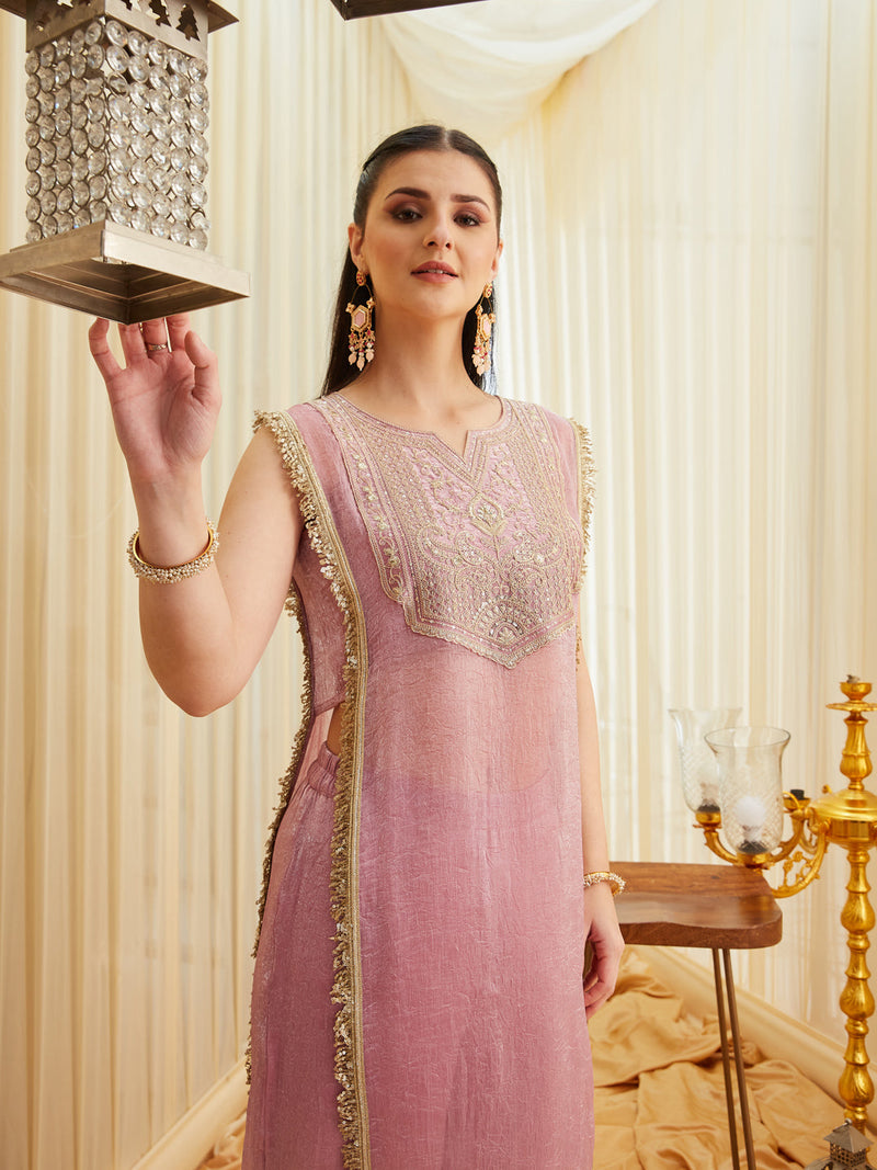 Pink Embroidered Sheer Silk Kurta Set