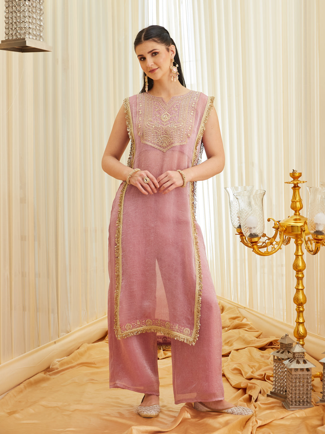Pink Embroidered Sheer Silk Kurta Set