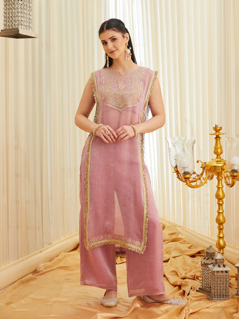 Pink Embroidered Sheer Silk Kurta Set