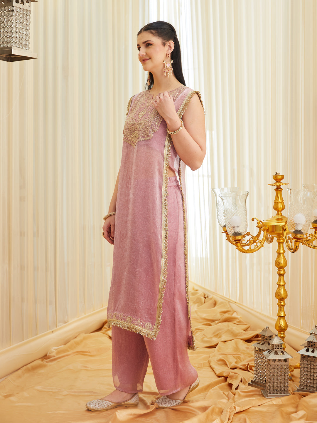 Pink Embroidered Sheer Silk Kurta Set