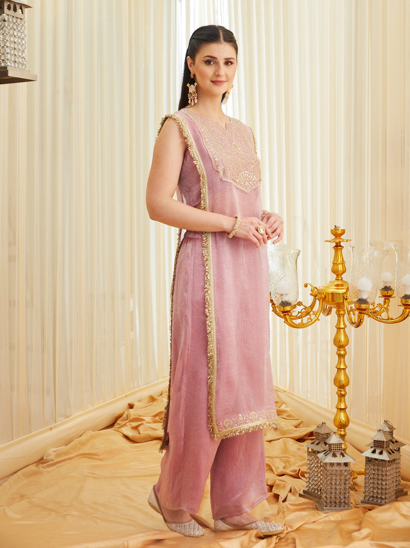 Pink Embroidered Sheer Silk Kurta Set