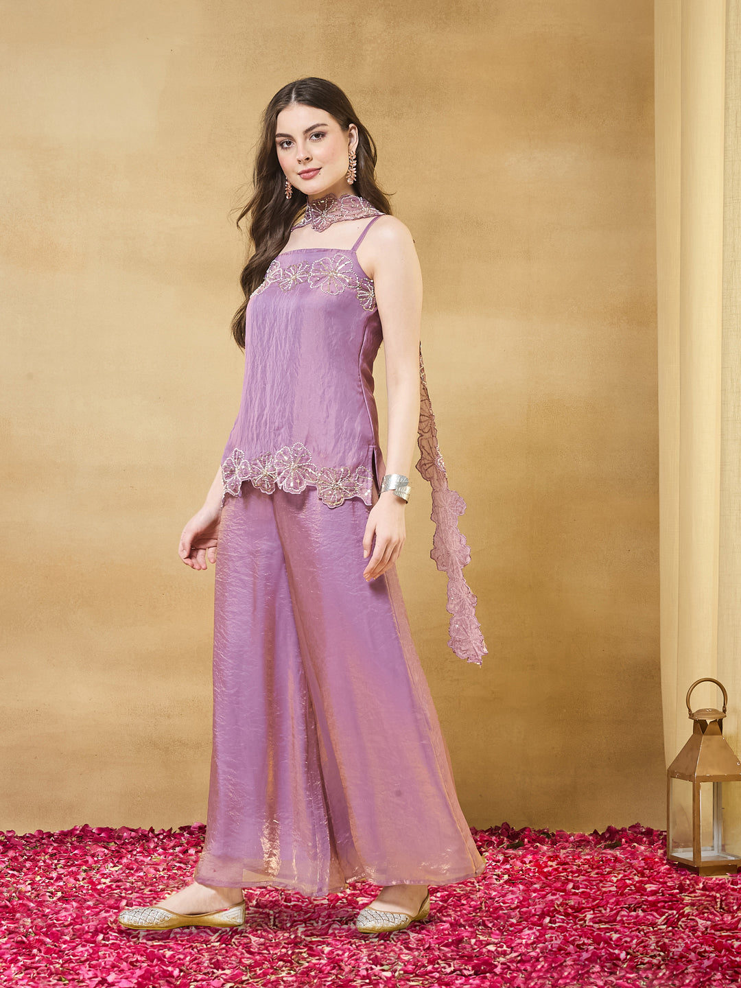 Lavender Silk Embroidered Floral Kurta with Palazzo For Women