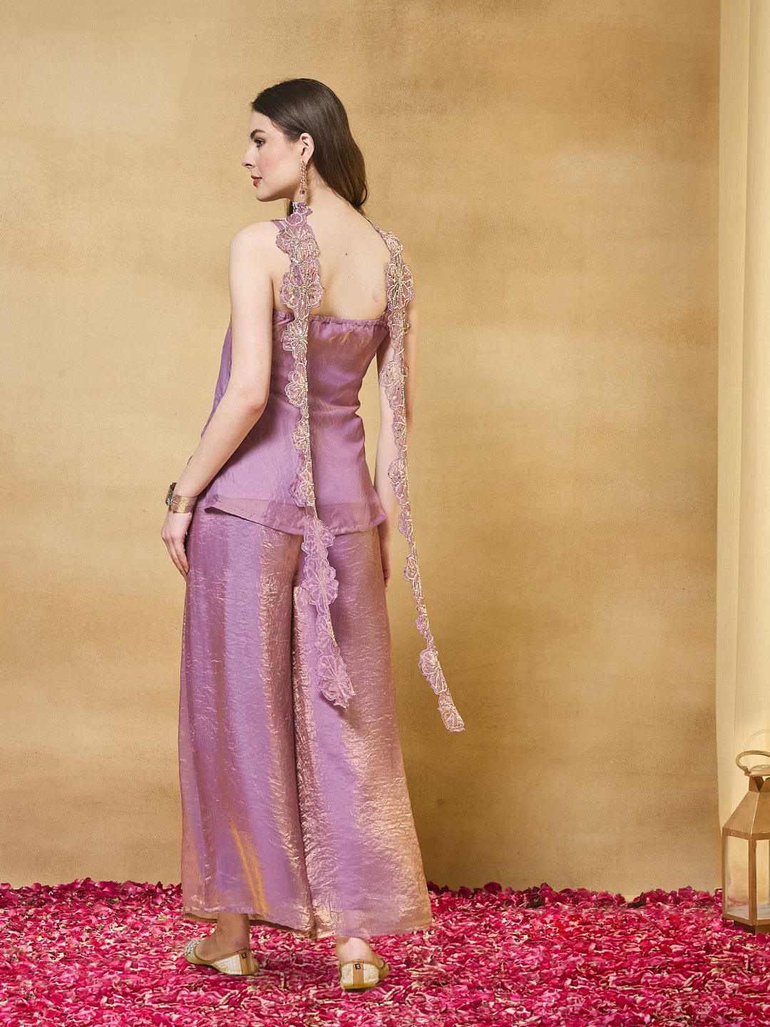 Lavender Silk Embroidered Floral Kurta with Palazzo For Women