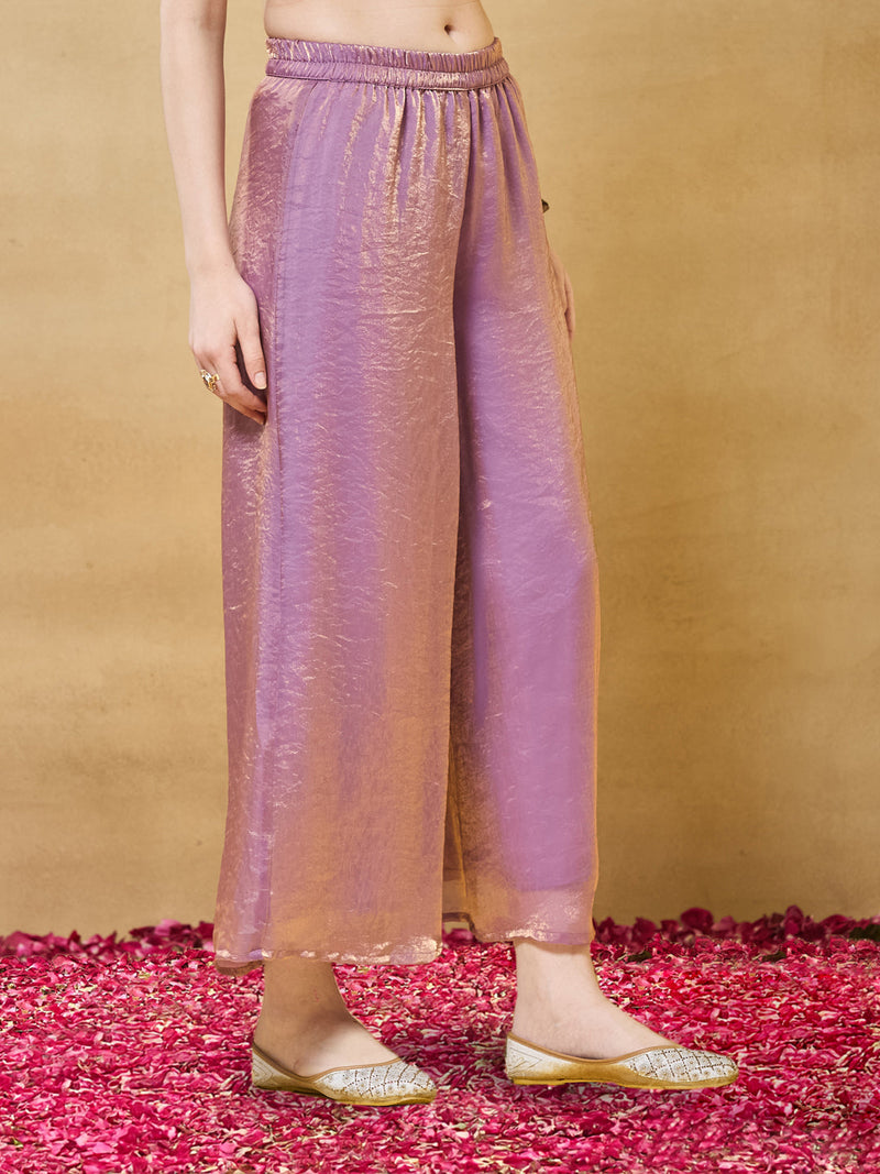 Lavender Silk Embroidered Floral Kurta with Palazzo For Women