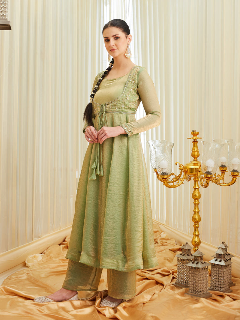 Pista Silk Embroidered Anarkali Kurta Set with Dupatta for Women