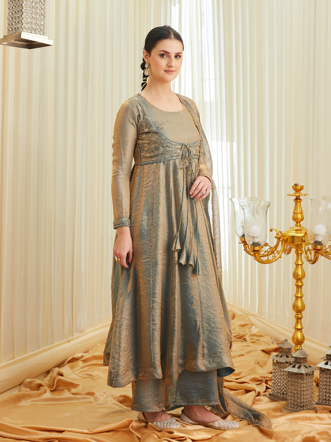 Blue Silk Embroidered Anarkali Kurta Set with Dupatta for Women