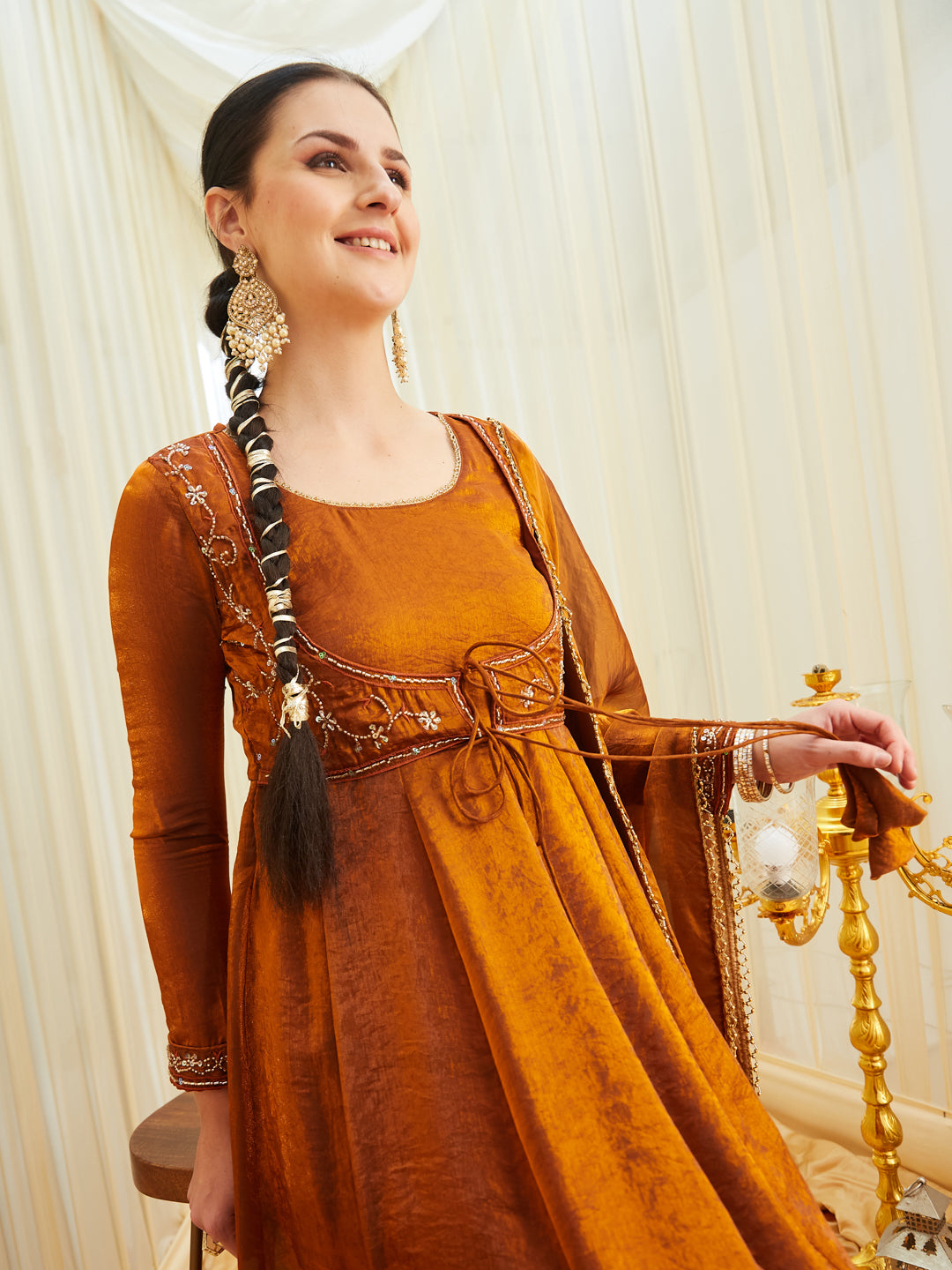 Rust Silk Embroidered Anarkali Kurta Set with Dupatta for Women