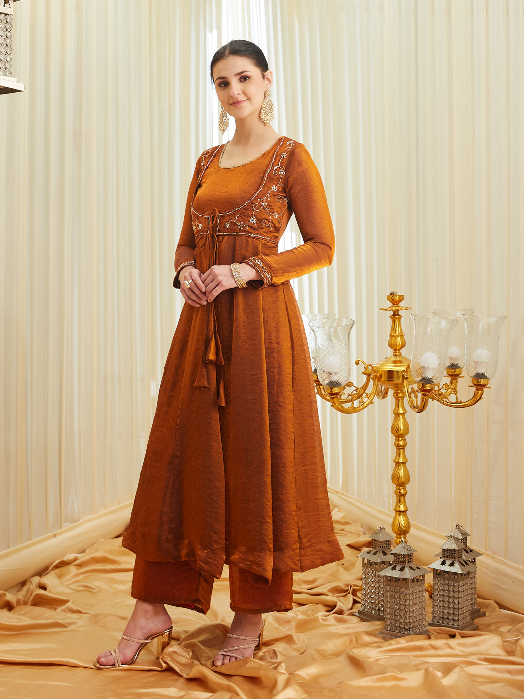 Rust Silk Embroidered Anarkali Kurta Set with Dupatta for Women