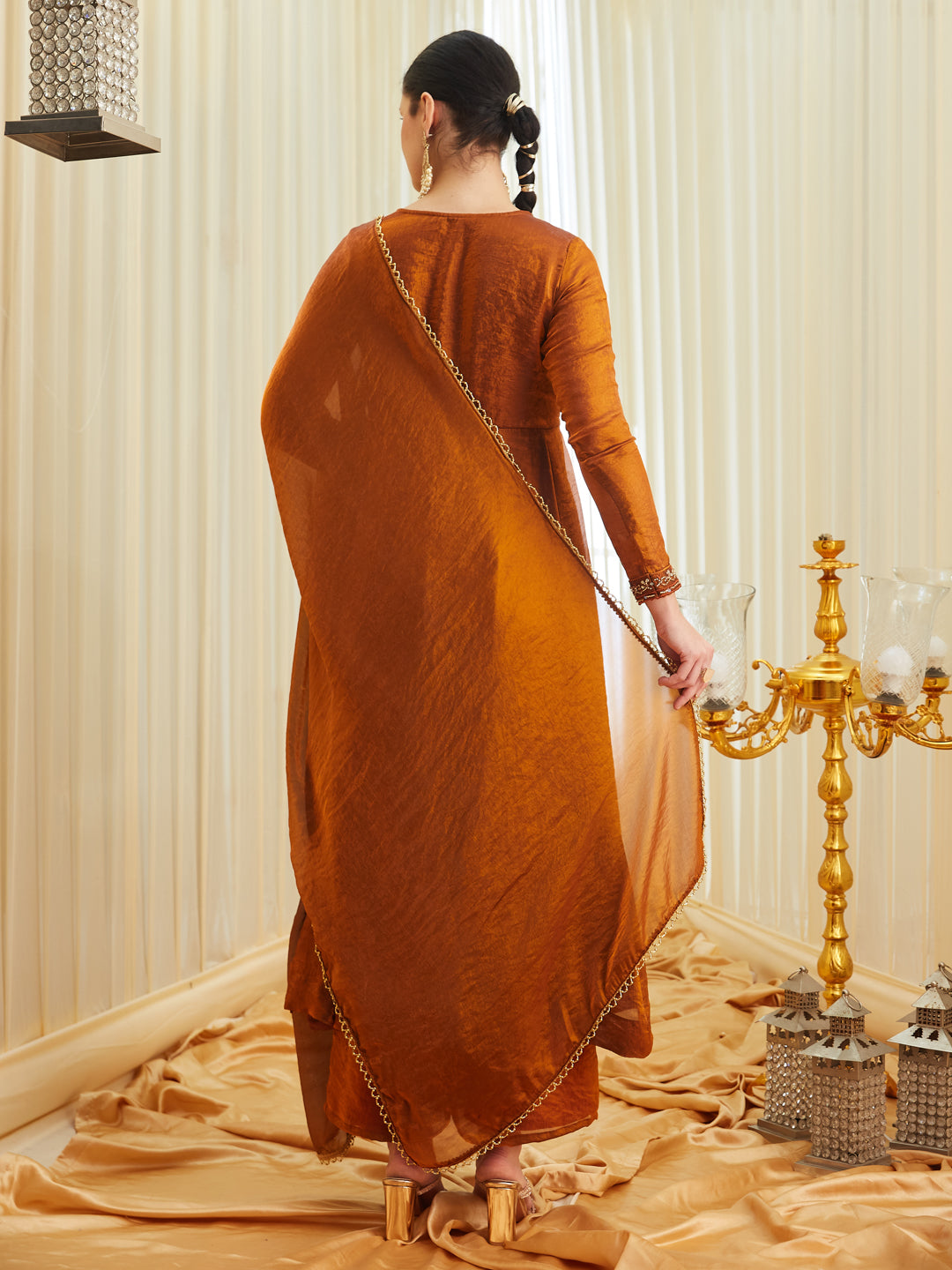 Rust Silk Embroidered Anarkali Kurta Set with Dupatta for Women