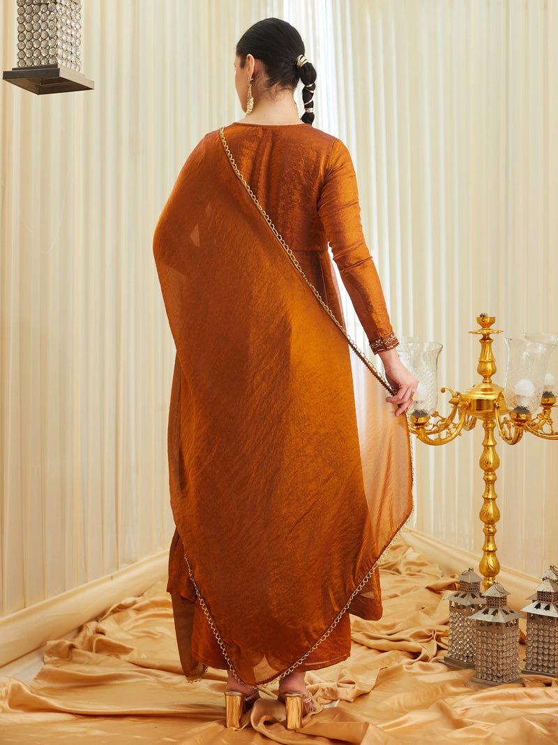 Rust Silk Embroidered Anarkali Kurta Set with Dupatta for Women