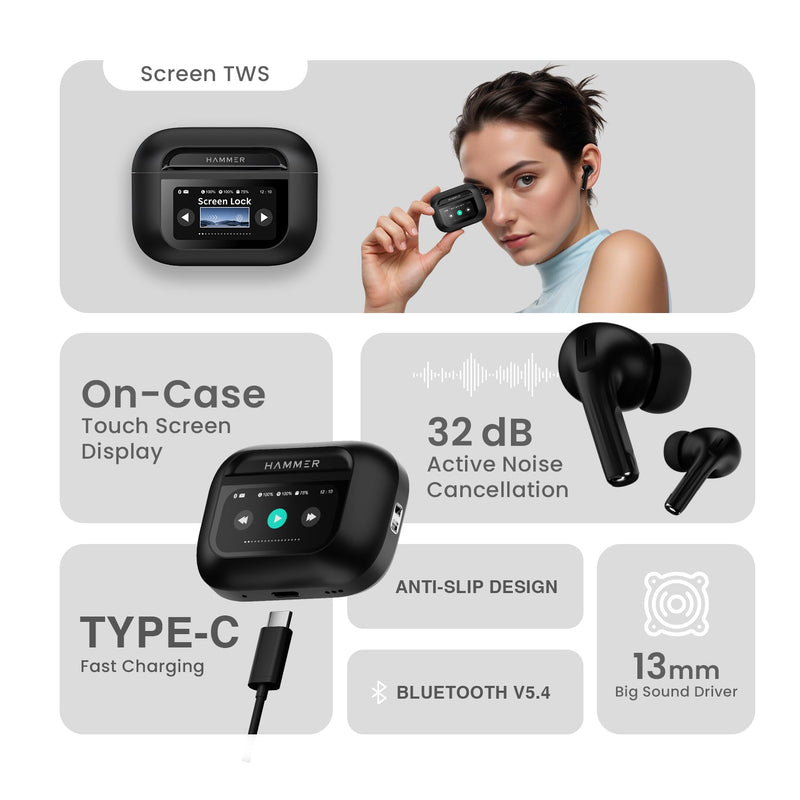 Hammer Screen TWS Bluetooth Earbuds with 32 db ANC + ENC and On Case Display-15