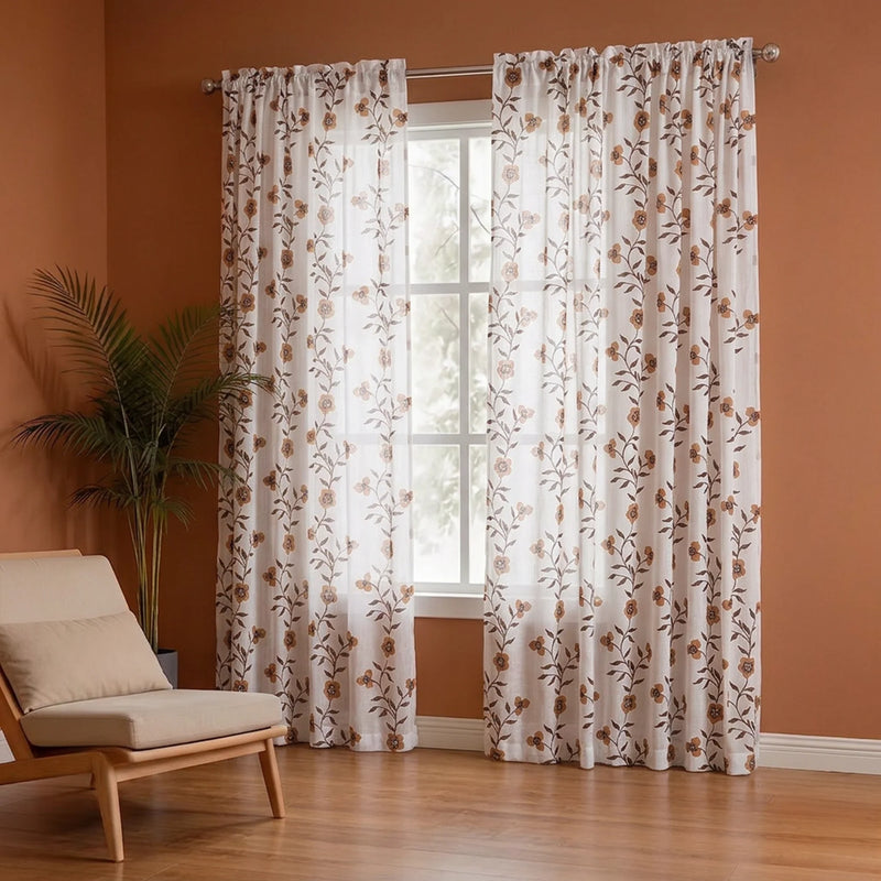 White Floral Velora Wines Rod Pocket Printed Sheer Curtain-4