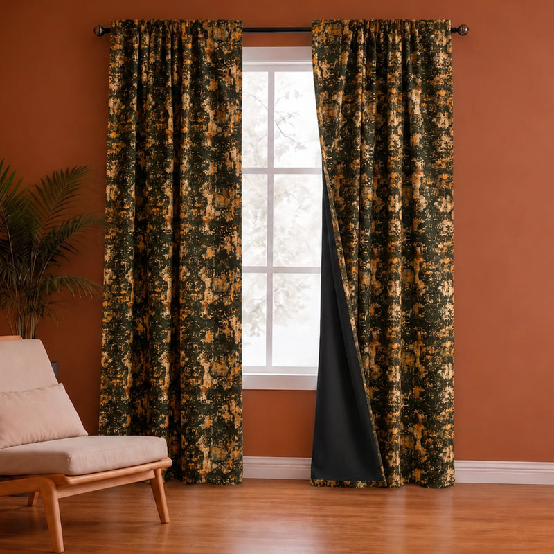 Imprimer Abstract - Rod Pocket DP Blackout Curtain (Black & Mustard)-1