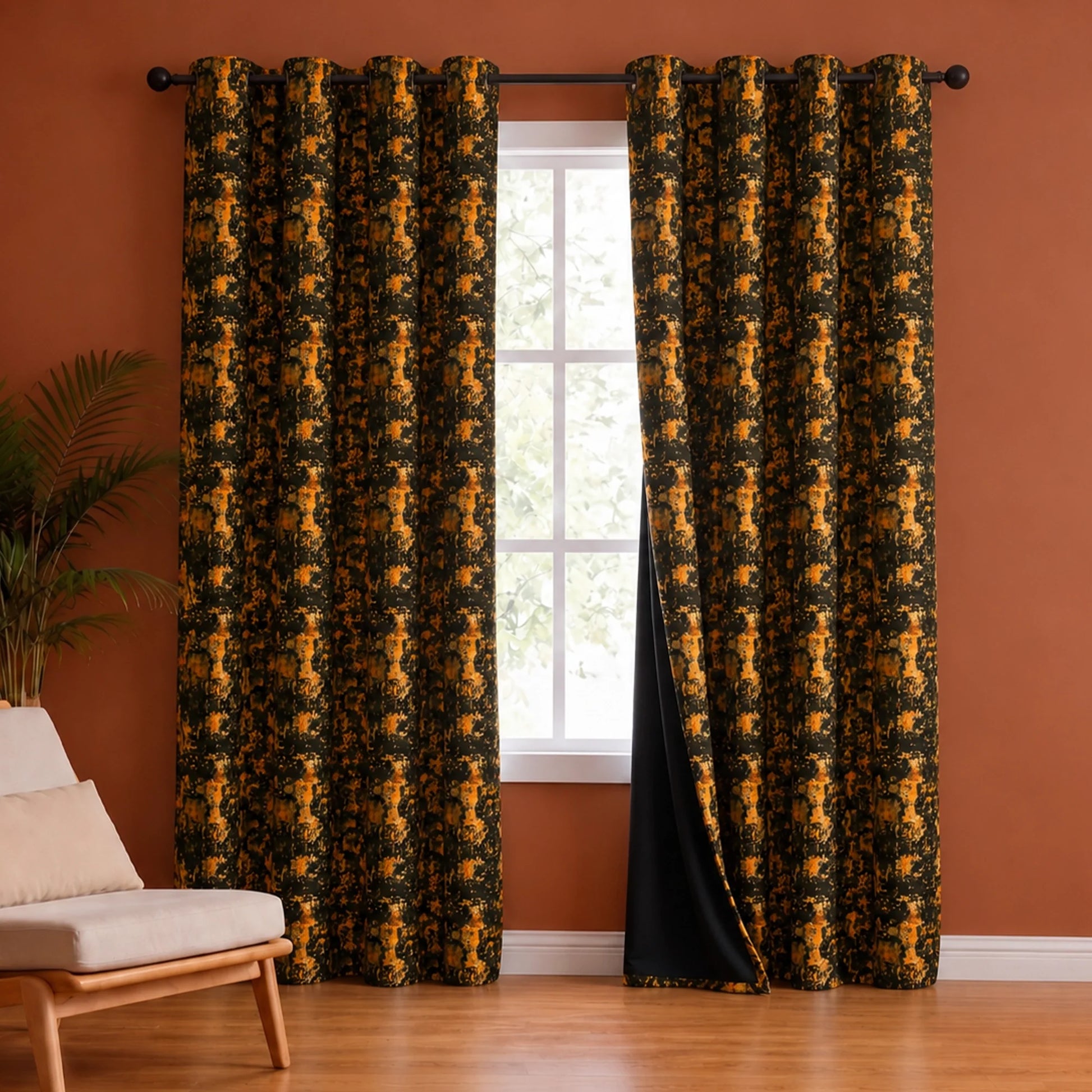 Imprimer Abstract - Digital Printed Blackout Curtain (Black & Mustard)-1