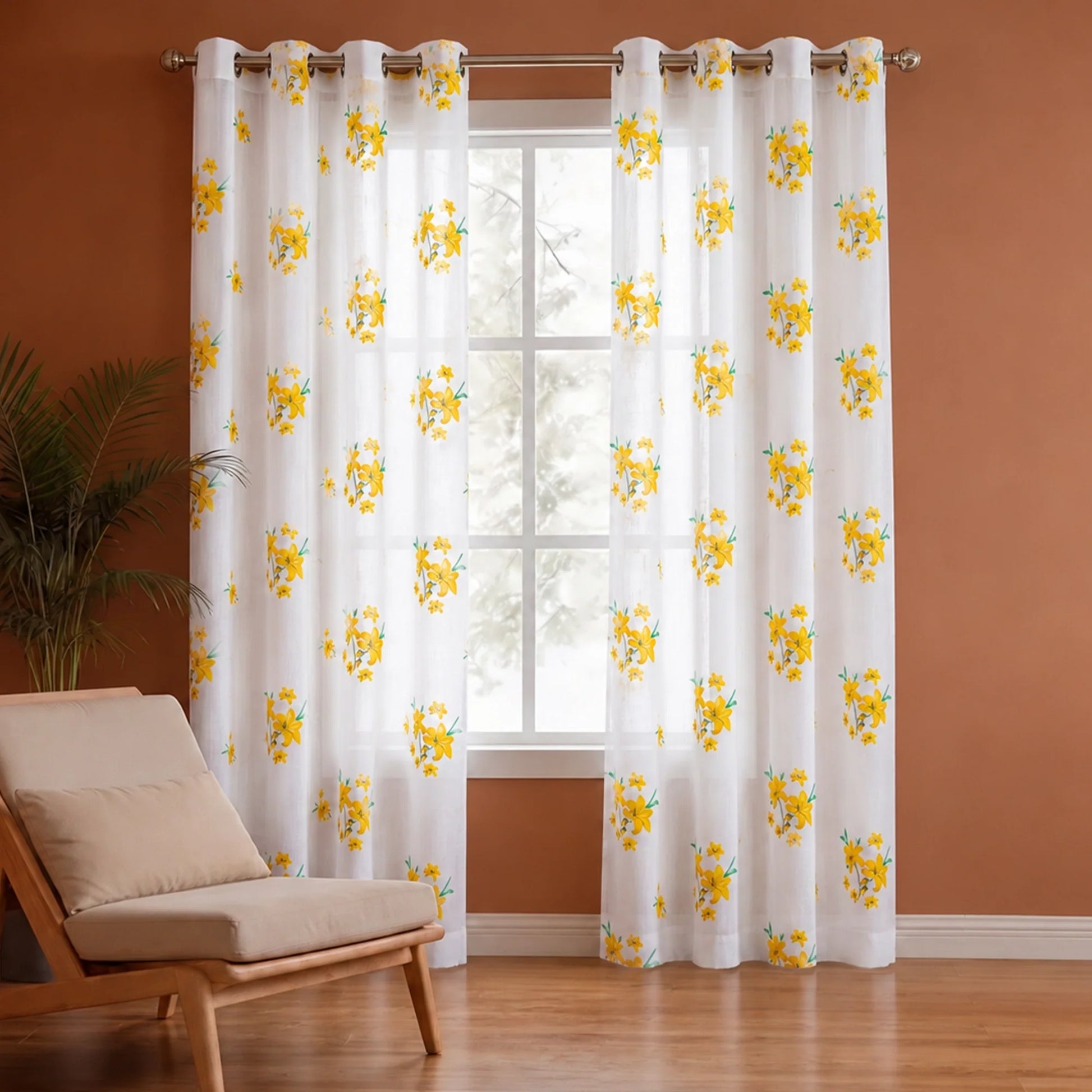 Imprimer Gleamflora - Flower Printed Eyelet Curtain (Yellow)-1