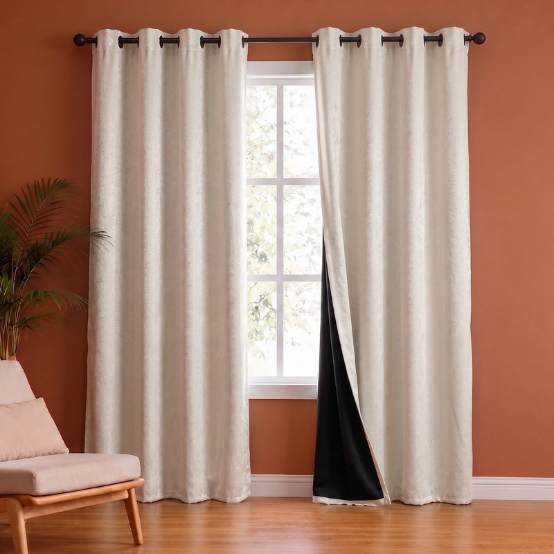 Fort Essential Abstract - Eyelet Black Backing Blackout Curtain (Off White)-1