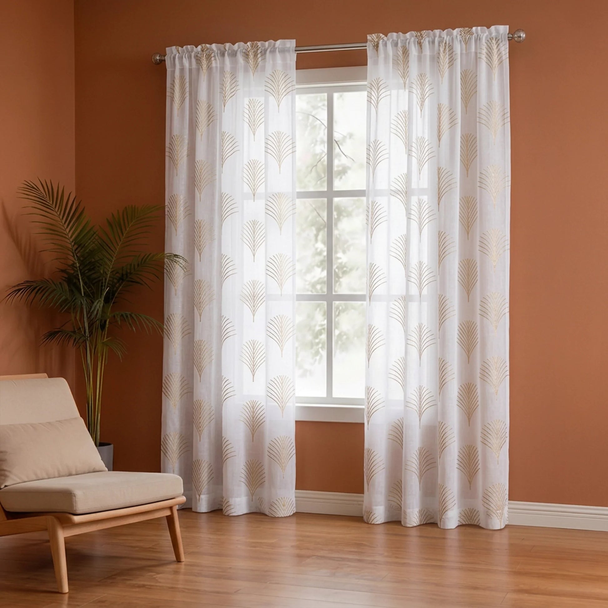 Imprimer Palmetto Plume - Gold Tree Printed Rod Pocket Sheer Curtain-1
