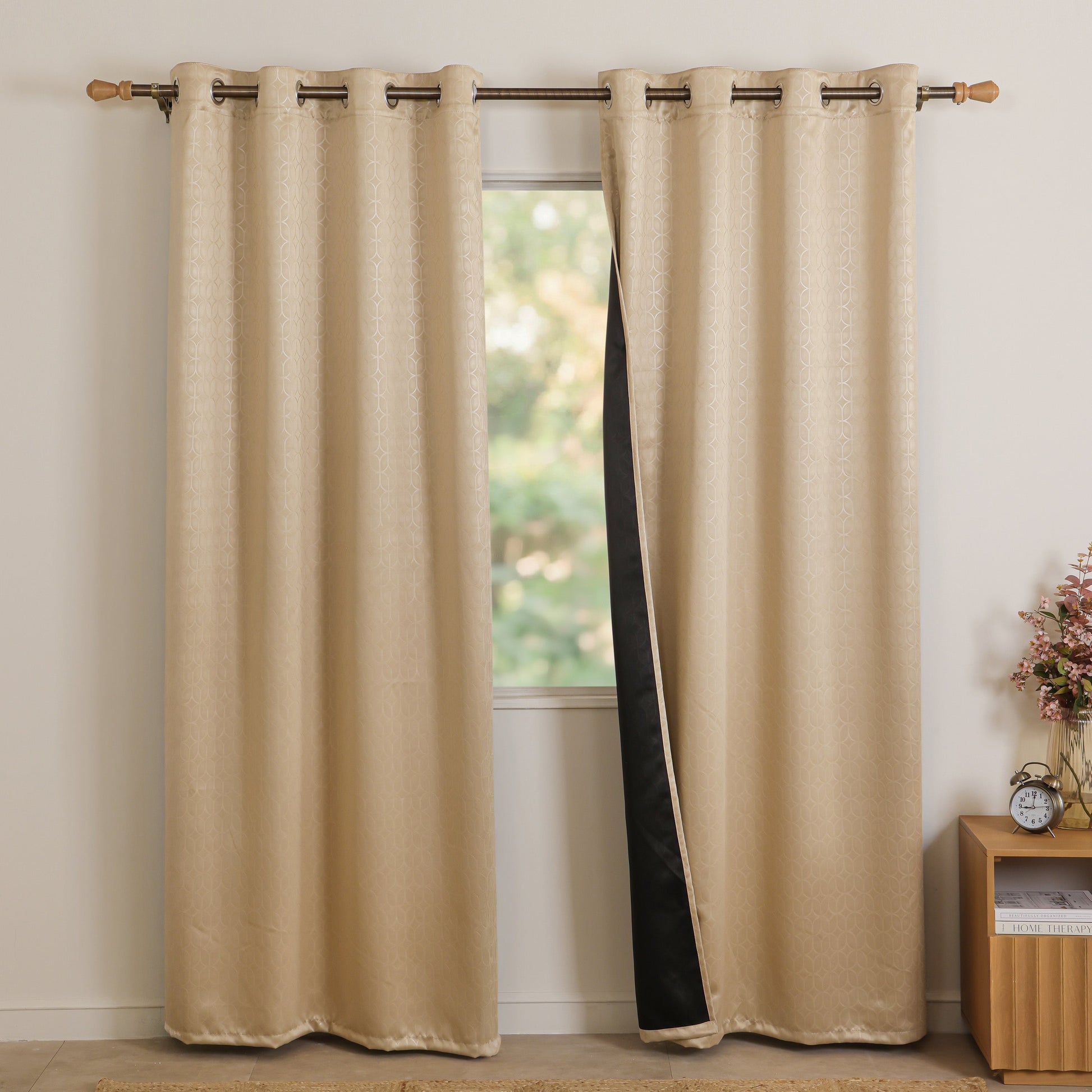 Beige Solid Eyelet Curtain-1