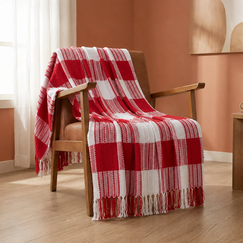 Red Plaid - Cotton Woven Throw-3