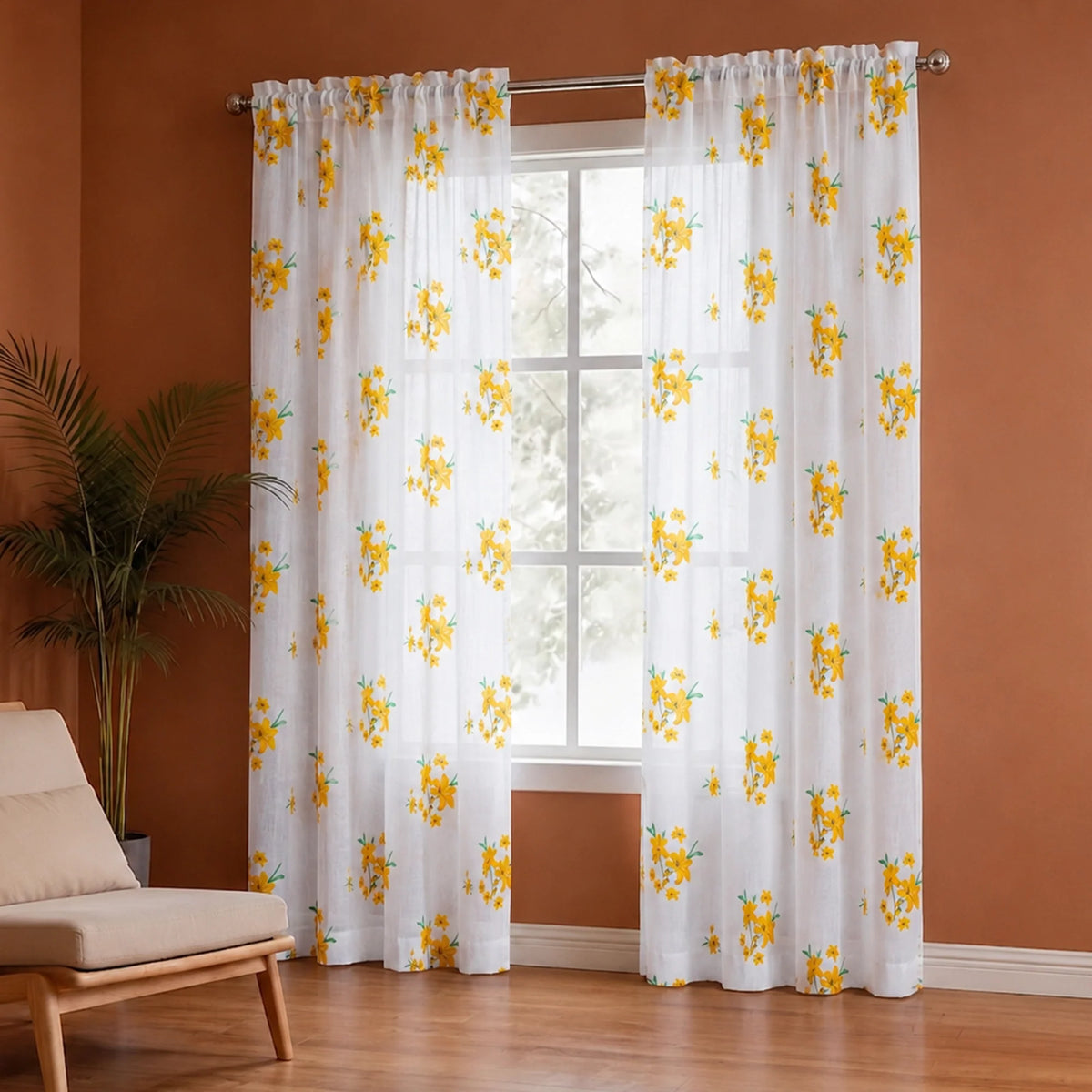 Imprimer Gleamflora - Flower Printed Rod Pocket Sheer Curtain (Yellow)