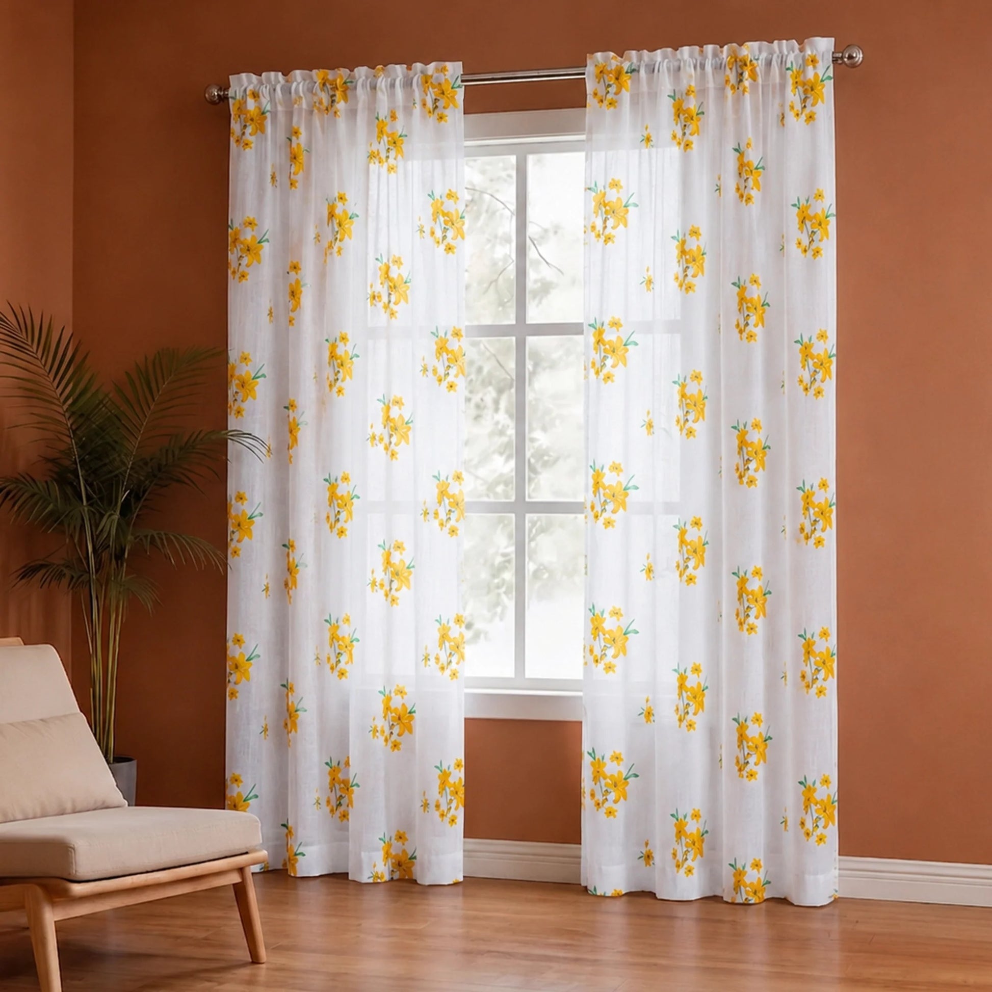 Imprimer Gleamflora - Flower Printed Rod Pocket Sheer Curtain (Yellow)-1