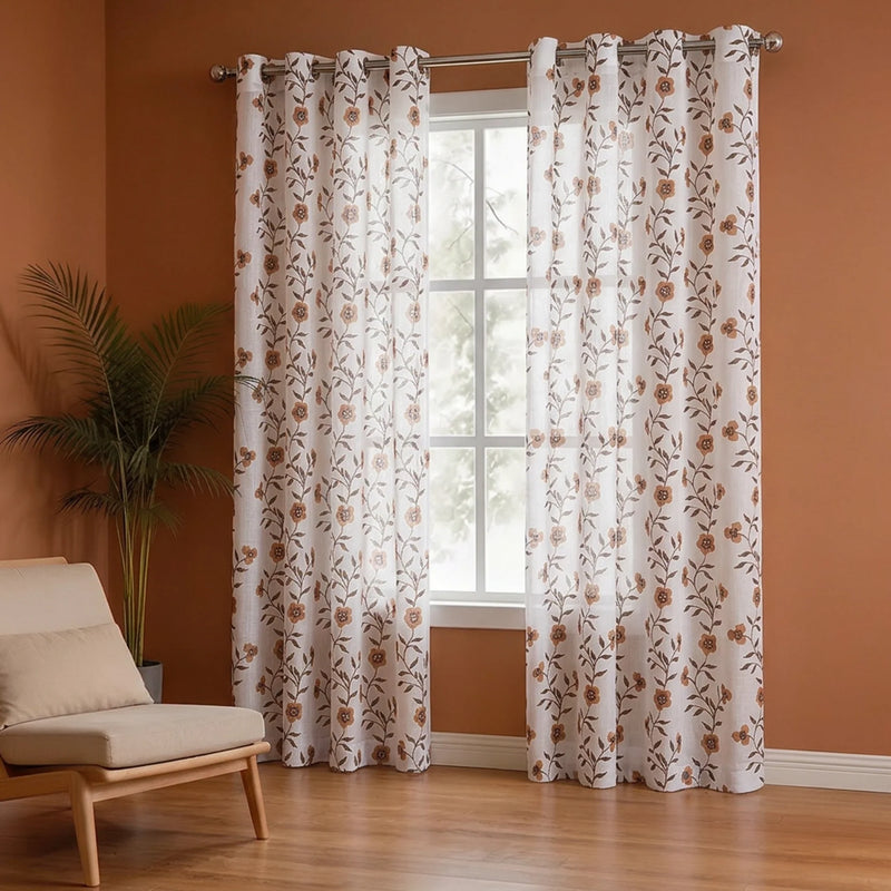 White Floral Velora Wines Eyelet Printed Sheer Curtain-4