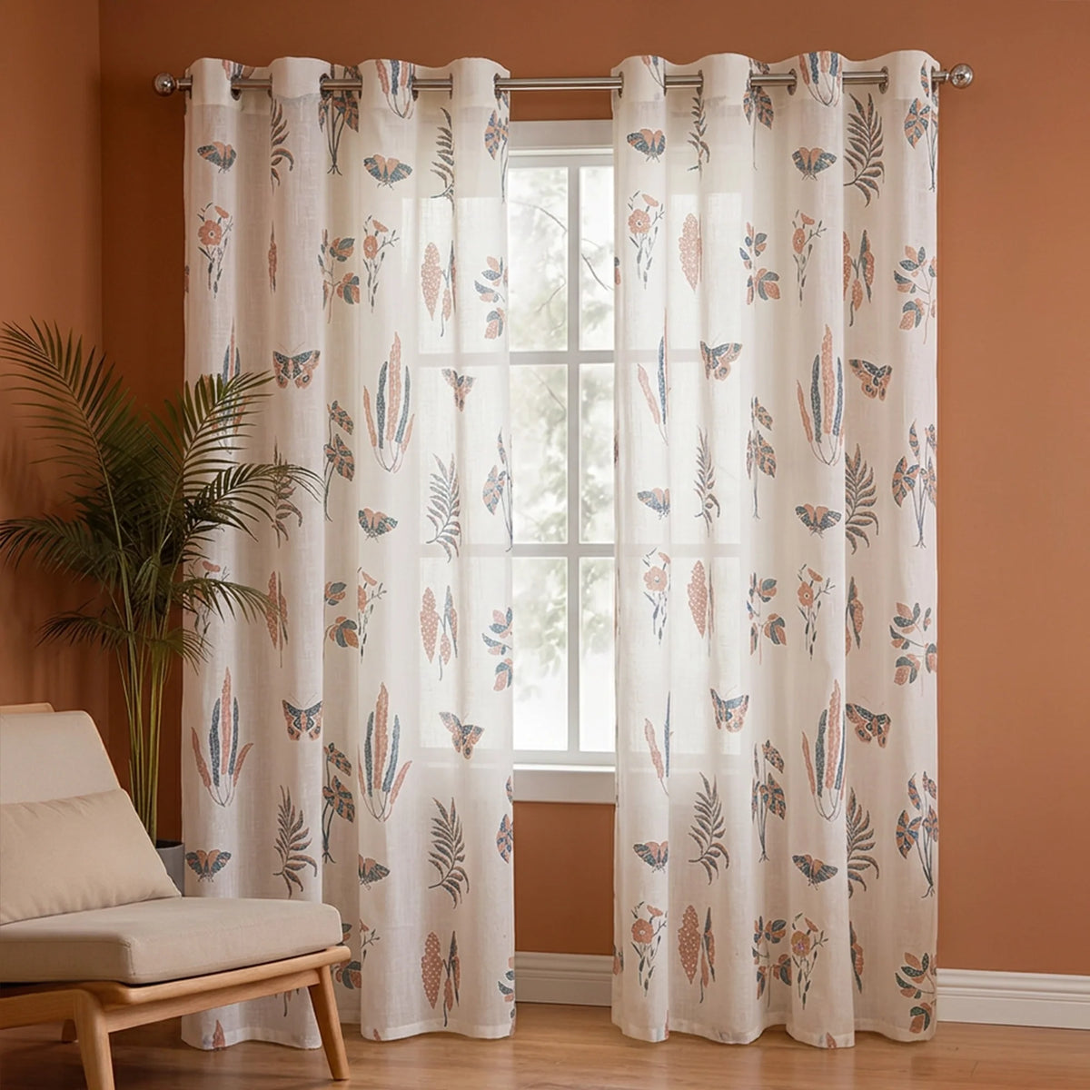 White Lunaria Garden Eyelet Printed Sheer Curtain