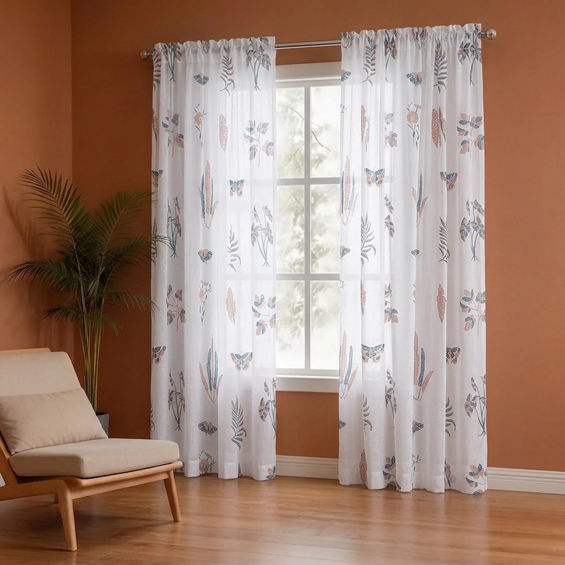 White Lunaria Garden Rod Pocket Printed Sheer Curtain-1