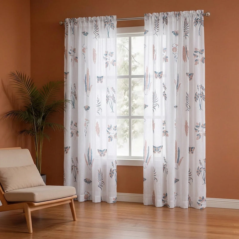 White Lunaria Garden Rod Pocket Printed Sheer Curtain-1